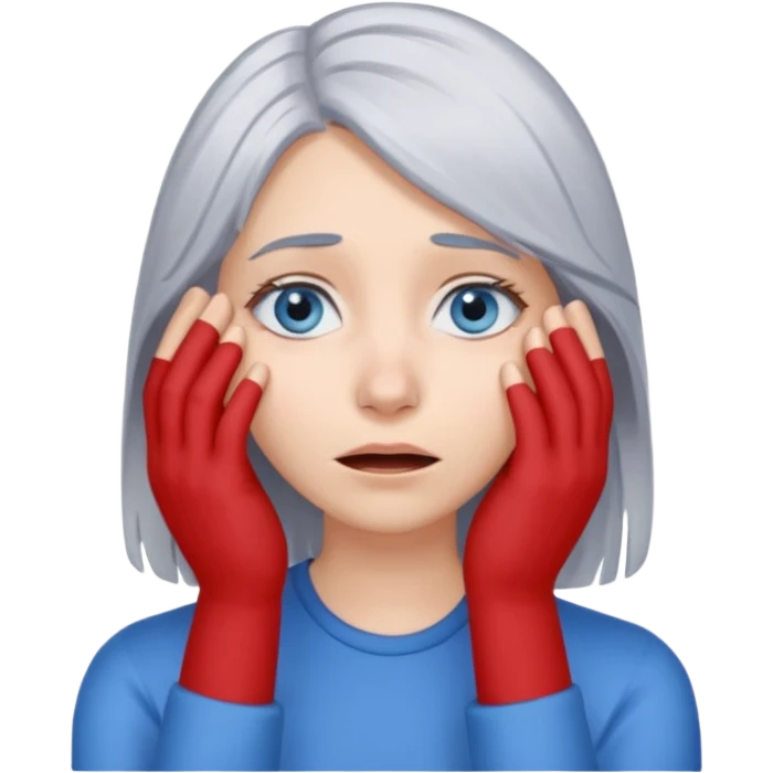 young woman with gray hair and blue eyes and 1 palm of hand covering face in exasperation emoji