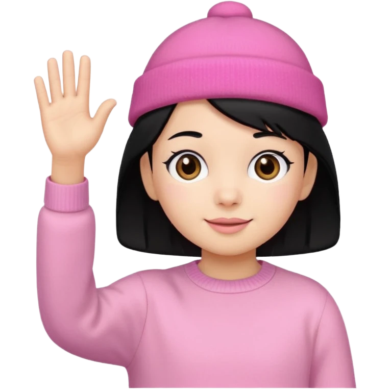 Kid in pink hat and jumper waving, black hair emoji