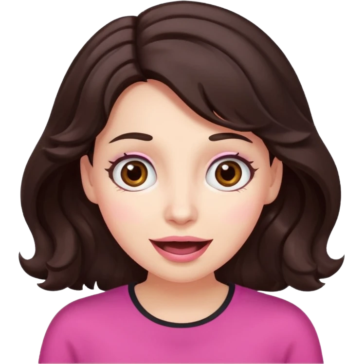 Barbie like emoji of a woman with white skin wavy dark brown hair, brown eyes wearing pink and with a surprised look emoji