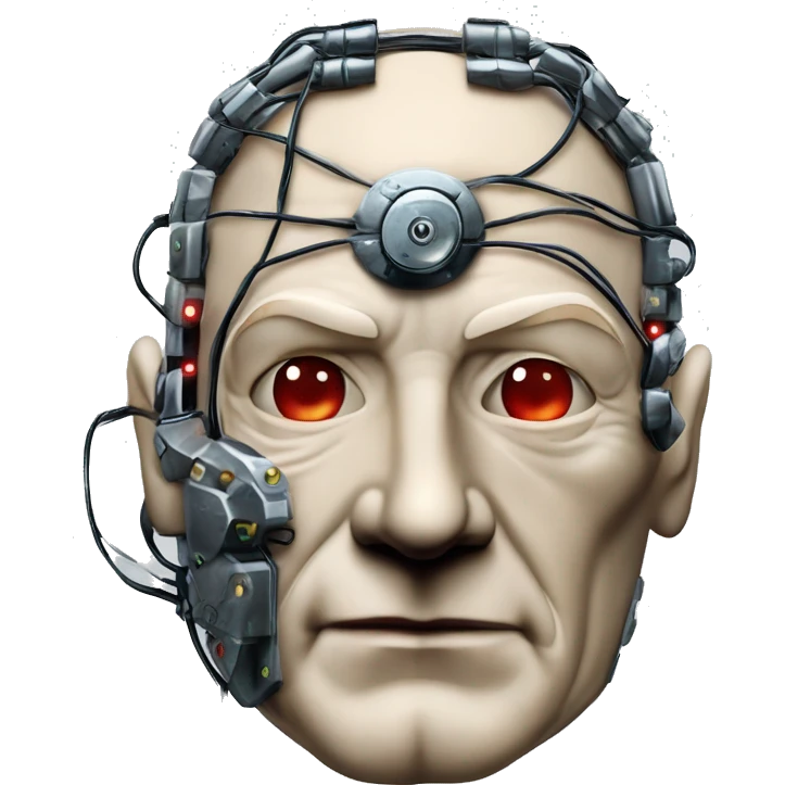 Jean luc picard from Star Trek assimilated by the Borg, with mechanical metal covering the left side of his face, with wires and a red light on the left side. His eyes are blue emoji