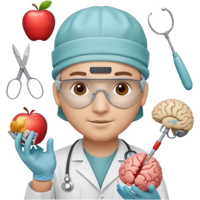 neurosurgeon wearing surgical cap and mask, holding brain model, surrounded by many surgical tools, apple emoji style emoji