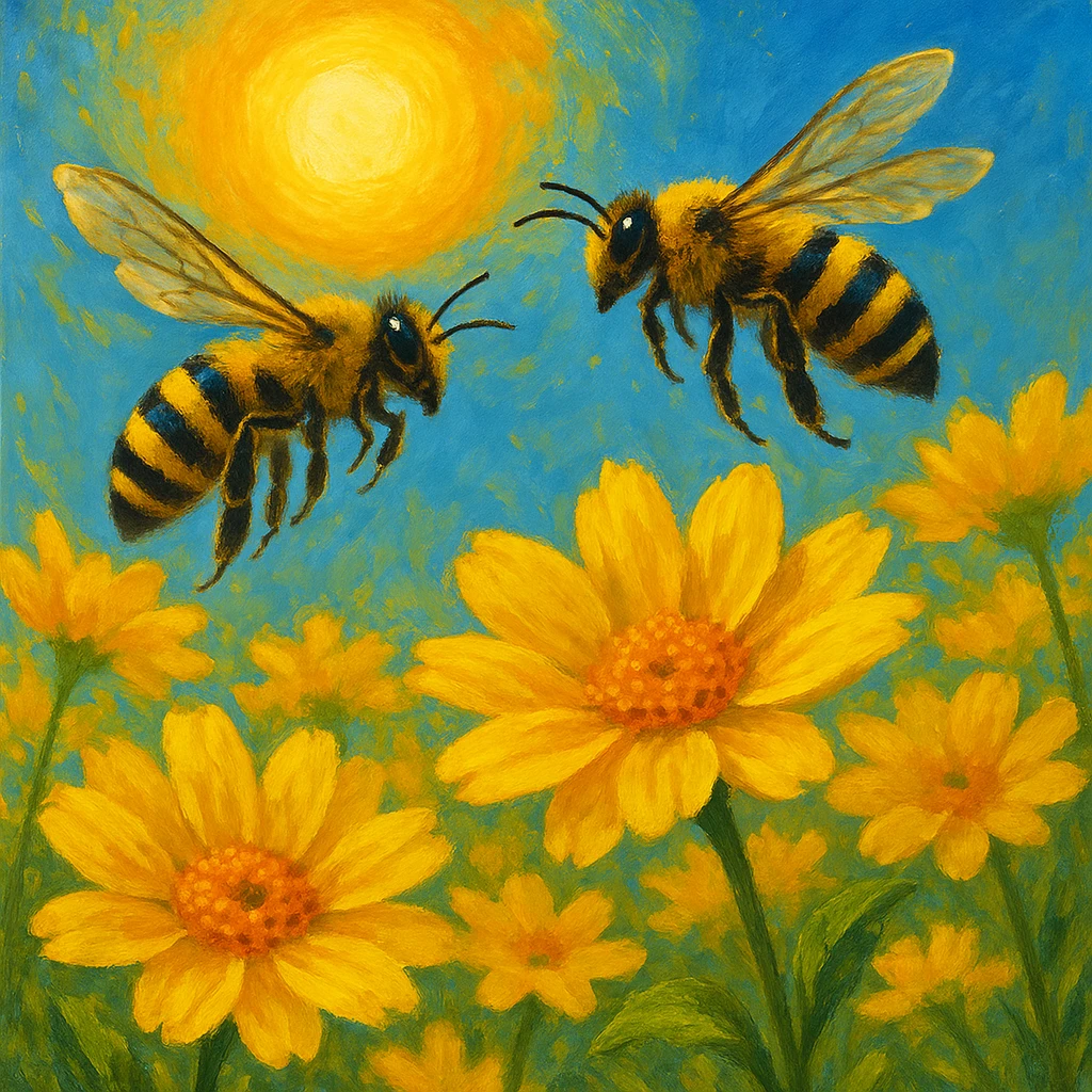 Two bees flying over yellow flowers with a sun in the background, vibrant yellow flowers and bright sun, black and yellow bees, variation 4 emoji