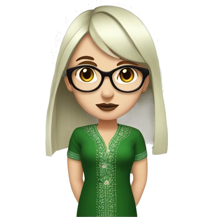 White girl in a green kurta with flower design, glasses, alot of piercing, gay, red lips, nose ring, full body, short straight black edgar hair, black straight hair, front bangs emoji