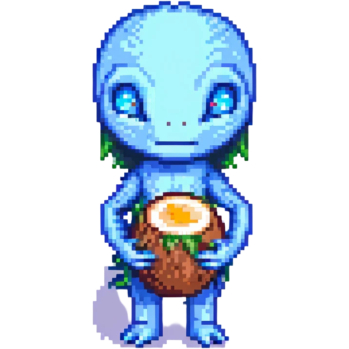 Blue alien holding a coconut, mischievous smile, pixel art style emoji