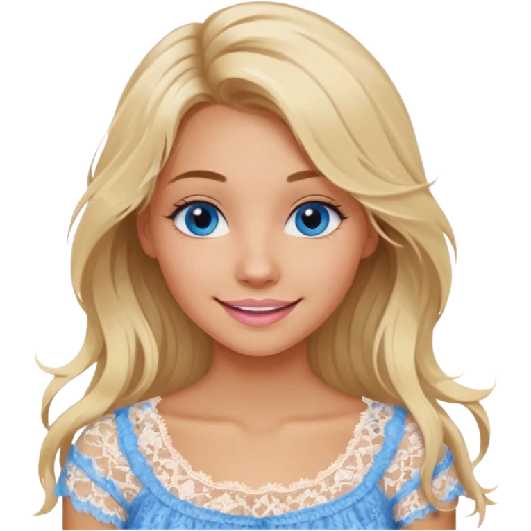 create an emoji of a young woman, tanned face, smile. she has an innocent natural look, very messy extremely long blonde hair, blueeyes, natural soft pink lips. she wears a very loose very very white lacy top emoji