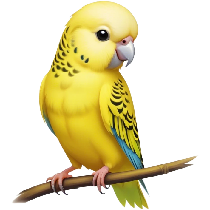 Cinematic Noble Yellow Budgie Portrait Emoji, Poised and regal, with a petite, delicate build and a smooth, well-groomed fur of brilliant yellow feathers, deep-set soulful dark eyes, Simplified yet sharp and sophisticated features, highly detailed, glowing with a soft, dignified glow, high shine, intelligent and charming, stylized with an air of elegance, focused and attentive, soft glowing outline, capturing the essence of a watchful and confident avian companion, so majestic it feels as though it could flutter out of the screen with effortless authority! emoji