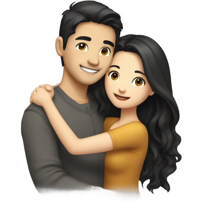 A cute and very happy Asian couple hugging each other very tight. The girl has long dark wavy hair and pale skin and dark hazel eyes, the Man has short dark straight hair and bright amber eyes and is pale emoji