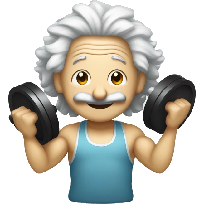 albert einstein happy in the gym with dumbells and headphones emoji