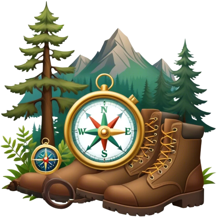 emoji for Hunting Tourism: a rifle, hunting boots, and a compass on a forest background, with a silhouette of wildlife in the distance. The icon should capture the adventure and connection with nature in hunting tourism. Transparent background. emoji