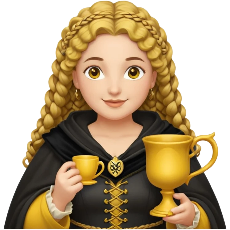 Helga Hufflepuff, 2 curly thick brown braids, yellow-black medieval dress, black cloak decorated with gold braiding, tiny two-handled shiny yellow-gold cup, very kind smile, curvy busty sweet woman, thick rosy cheeks emoji