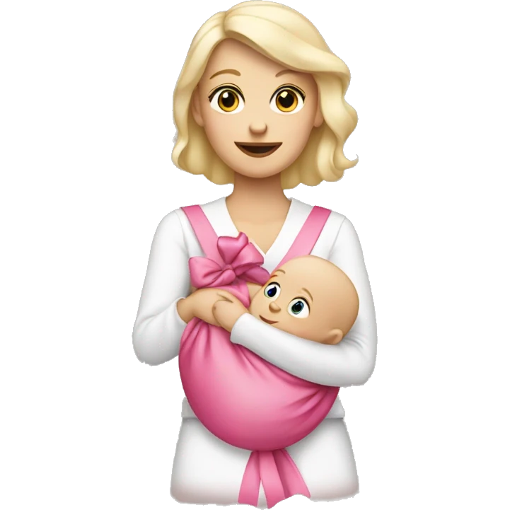 white blonde woman holding a baby that has a pink bow emoji