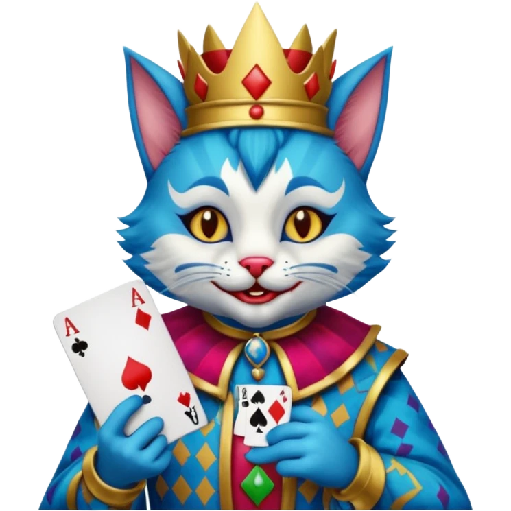 crazy colorful cute little cat jolly joker from poker, medieval, vintage, court jester, mac os icon, blue color, holds a single poker card emoji