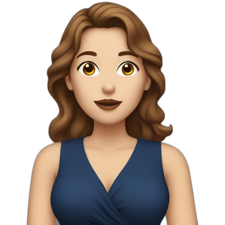 A white woman with brown hair, blowing a kiss, wearing long earrings and a dark blue dress emoji