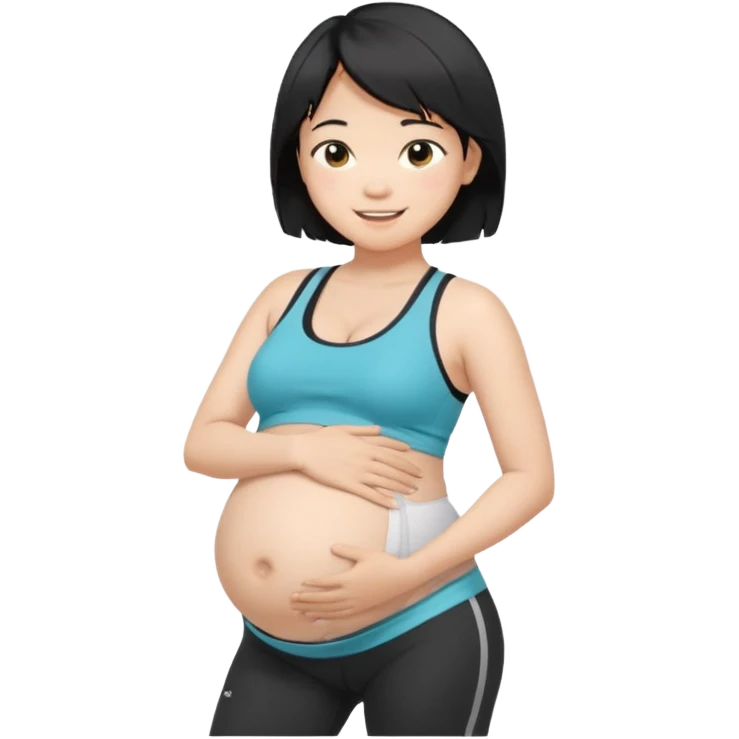 pregnant asian boy with short messy black hair wearing a sports bra with leggings holding his belly emoji