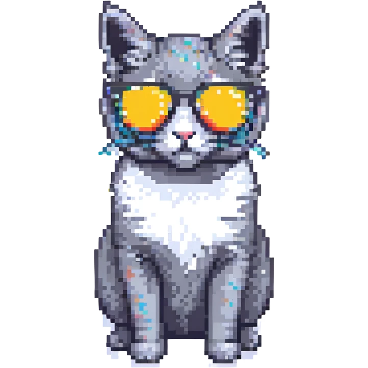 gray cat wearing sunglasses, pixel art style emoji