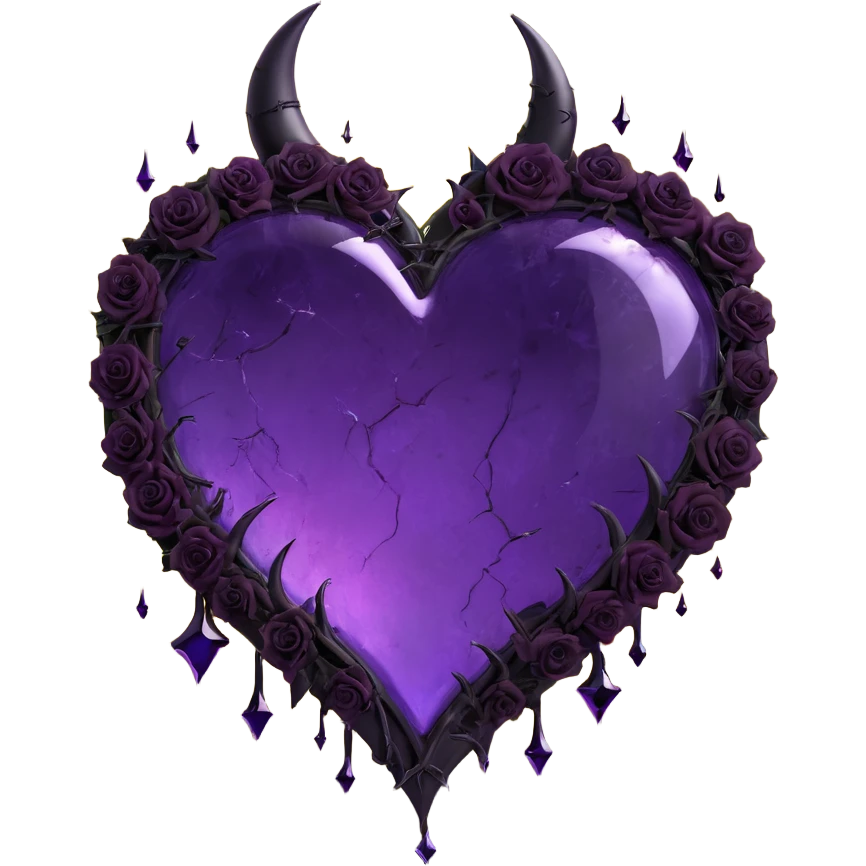 gothic heart made of purple glass with waning crescent moon at the top, scattered black rose petals, multiple lightning bolts, droplets only, deep fissures cracked glass texture emoji