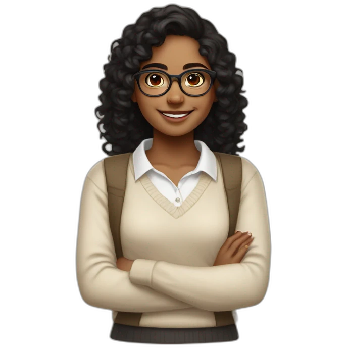 smiling dark skin indian teenage girl with black curly hair and glasses wearing a collared long sleeve white shirt under a beige v shaped collar sweatervest with no buttons emoji