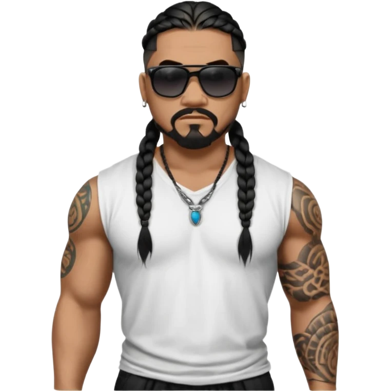Samoan male. Chin goatee.
Unticked loose fitting white t-shirt. 
long black braided hair.
very muscular.
More tattoos. 
Tough and menacing.
All black sunglasses. emoji