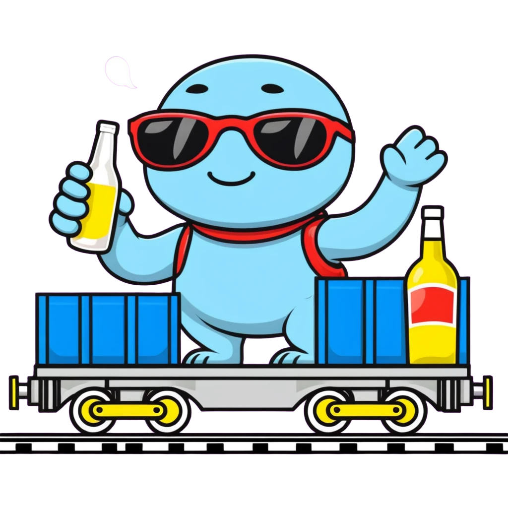 A comical locomotive partying with sunglasses, dancing on train tracks, holding vodka bottles like maracas emoji