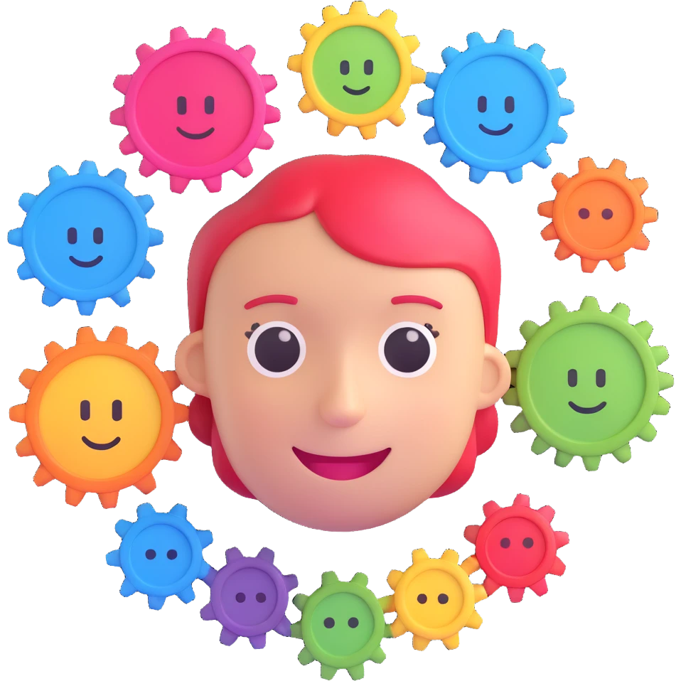 3D emoji style smiling AI face with gears and sliders, customizing a set of colorful avatars and charts, symbolizing tailored work programs and customer service emoji