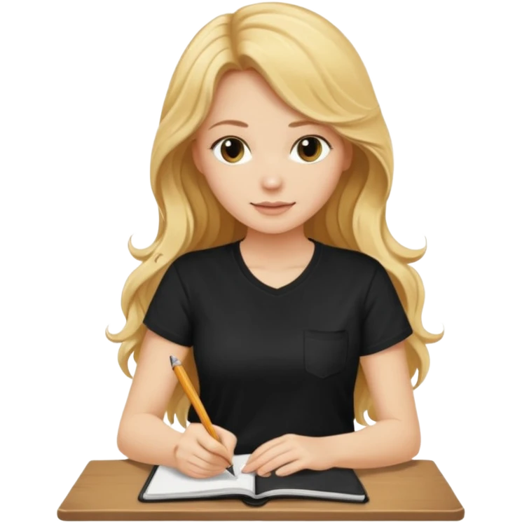 A beautiful blonde with long wavy hair in a black T-shirt sits and writes in a diary with a brown pen without table  emoji