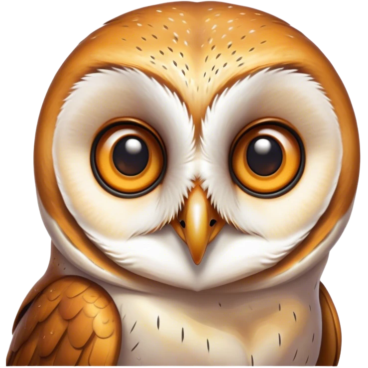 Cinematic Comical Barn Owl Portrait Emoji, Head tilted dramatically with an exaggeratedly amused expression, featuring a striking mottled plumage with bold contrasts, wide, expressive amber eyes filled with playful disbelief, Simplified yet hilariously expressive features, highly detailed, glowing with a slightly sassy glow, high shine, dramatic yet playful, stylized with an air of cheeky nocturnal mischief, bright and endearing, soft glowing outline, capturing the essence of a spirited and over-the-top owl, so meme-worthy it feels like it could hoot its way into internet fame instantly! emoji