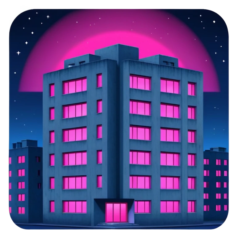 Soviet-style apartment block at night, stark concrete silhouette against dark blue night sky, single window emitting vibrant pink ultraviolet light, ghetto ambience emoji