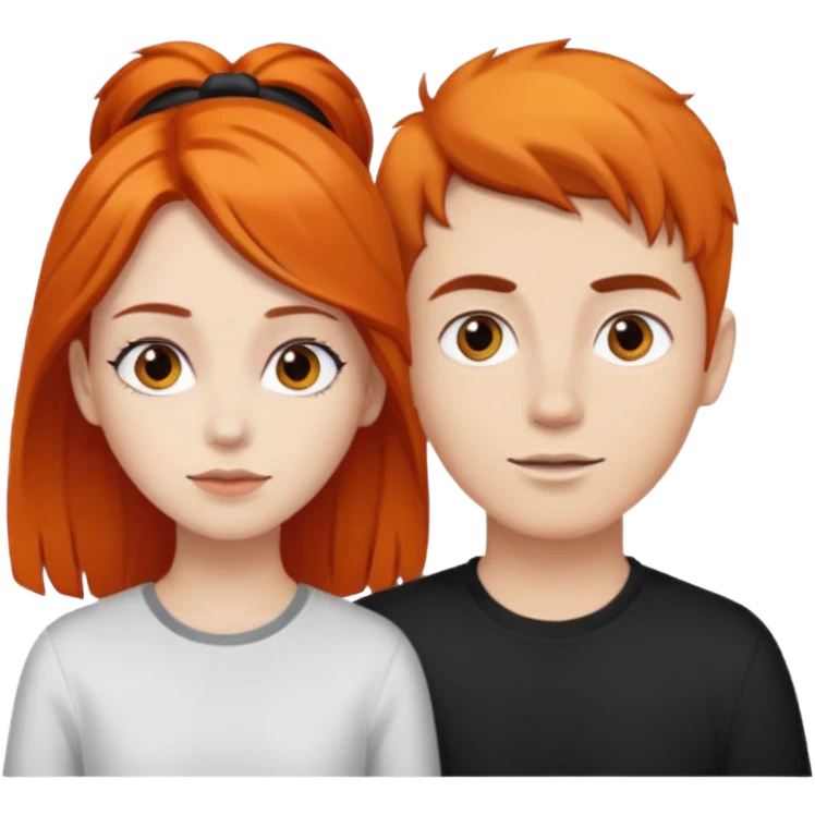 chica morena clara de pelo naranja y chicho blanco de pelo negro y grandes cejas emoji