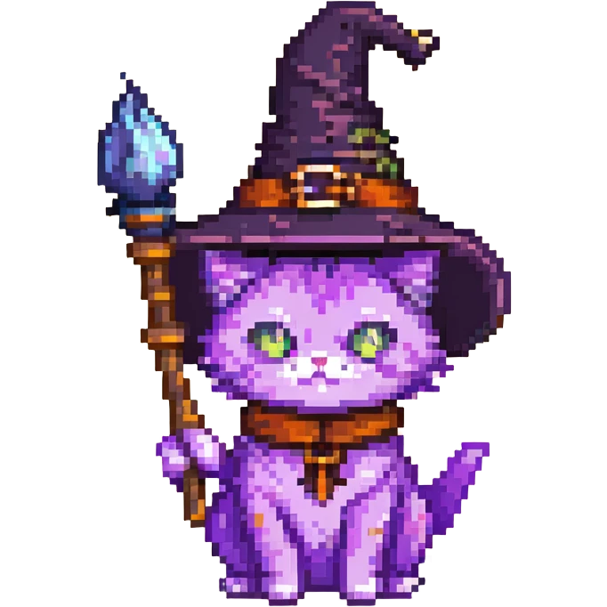 magical purple cat with witch accessories pixel art emoji