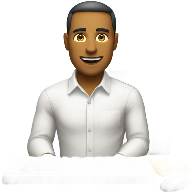 yellow skin man using white keyboard on desk wearing white button down shirt front view emoji