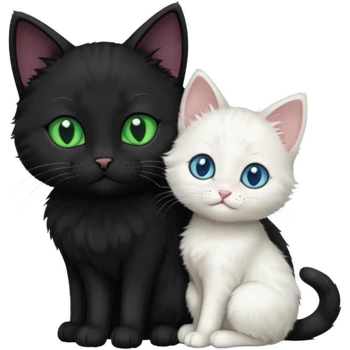 Black cat with green eyes cuddling next to small white kitten with blue eyes  emoji