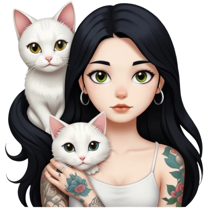girl with long black hair and tattoos and a white cat emoji
