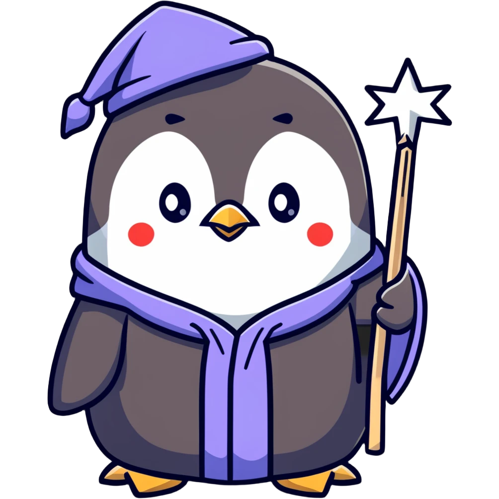 penguin wizard with a starry robe and wand emoji
