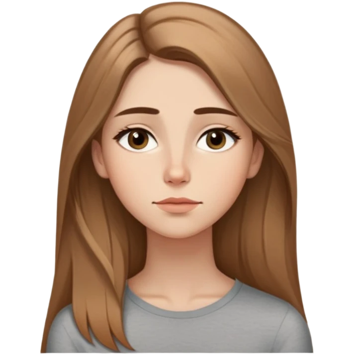 Caucasian girl, cara alargada, mandíbula suave, pelo largo castaño claro con luz, raya al medio. Ojos almendrados con delineado negro marcado, expresión pensativa-suave, labios cerrados en leve sonrisa. Mano apoyada en la cara, cuerpo no visible, fondo cálido con luz natural. emoji