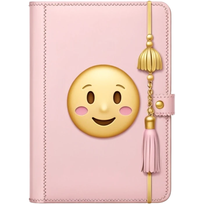 Cute pastel emoji illustration of a soft pink journal with scalloped edges, tiny gold dot details, and a small tassel charm, cozy and elegant stationery vibe emoji