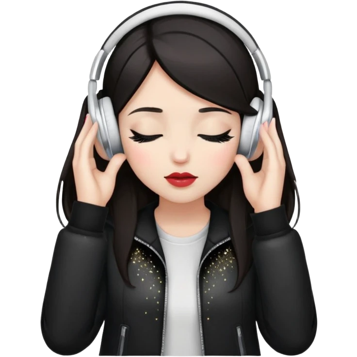 Girl with dark hair, fair skin tone, wearing a black jacket, has glitter on her eyelids, and wearing lipstick, wearing white headphones, her hands are on her ears, and her eyes are close emoji