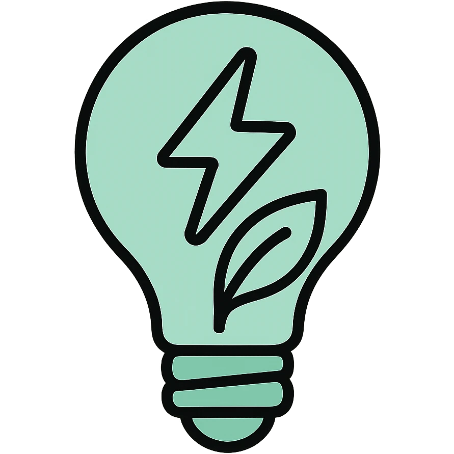 Energy lightbulb with electric bolt and leaf inside, fluid dimensional design, techy style, black outlines with mint green #B5F4D3 fills emoji