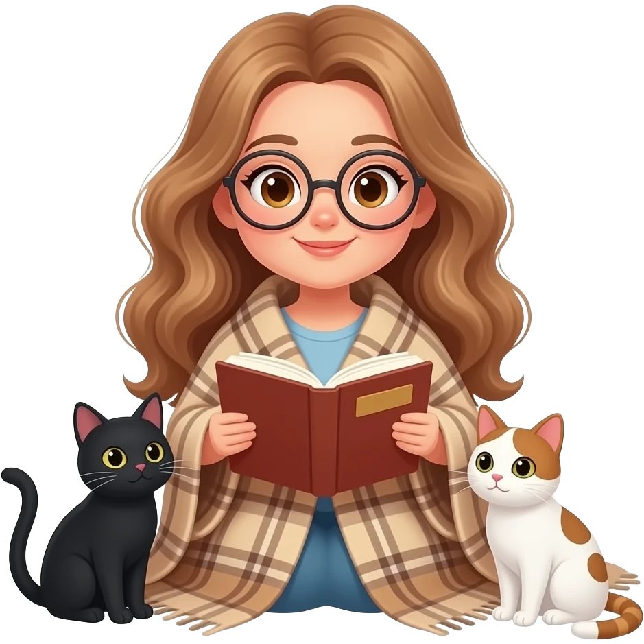 detailed emoji illustration of a curvy woman with long light brown wavy hair, light brown eyes and round glasses wrapped in a plaid blanket reading a book, with two cats beside her (one black cat and one white cat with brown spots), cozy atmosphere, cute emoji style emoji