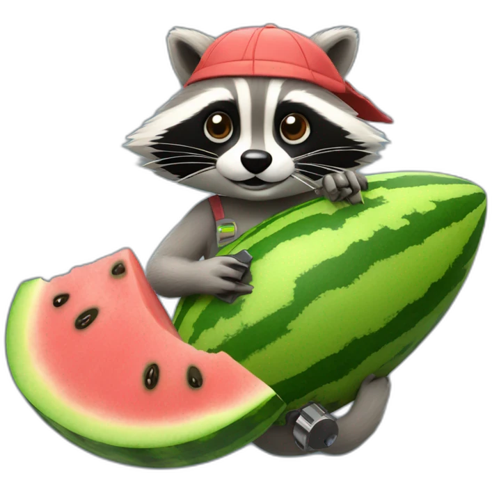 A raccoon with a watermelon behind the wheel of a car and a spanner emoji