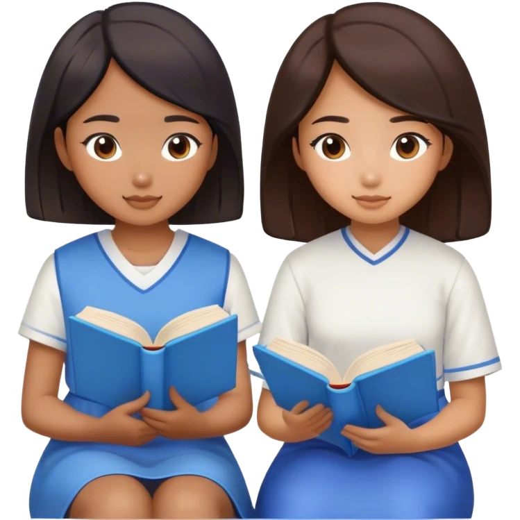 pretty asian two girls sitting reading blue books emoji