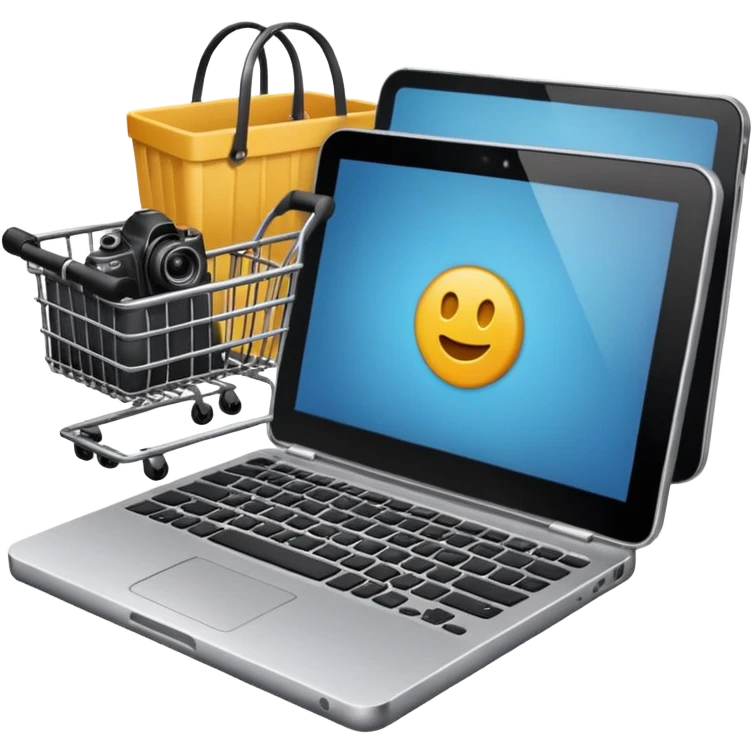 shopping basket with a laptop, smartphone, and camera inside emoji emoji