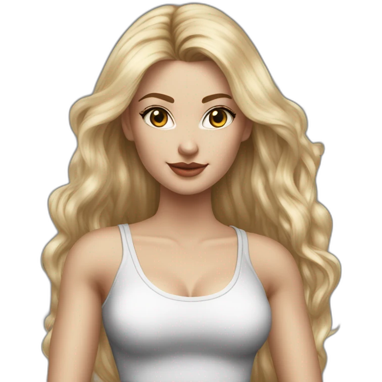 hyperrealist caucasian, long blonde hair, brown eyes, woman, white decollette tank top, gray tight mini skirt, black high heels, frontal view emoji