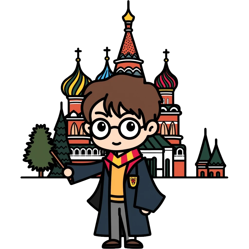 Harry Potter with glasses, lightning scar, and wand standing in front of St. Basil's Cathedral in Russia emoji