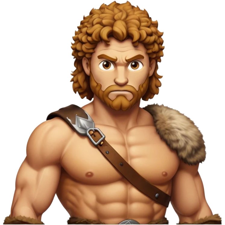 Cinematic Realistic Barbarian Hercules Portrait, depicted as a fierce Greek hero with the chiseled features of Michelangelo's David. His light tan, sculpted skin glows with timeless strength, and his thick, curly, golden brown hair cascades in wild, untamed curls reminiscent of a warrior’s mane. Instead of a flowing white robe with golden accents and a laurel wreath, he wears rugged, weathered leather and fur garments—a tattered, fur-trimmed cloak draped over broad shoulders and a simple circlet forged from iron and bone. His intense, determined eyes exude savage nobility, all rendered under dynamic natural lighting with a mythic, raw, radiant glow. emoji