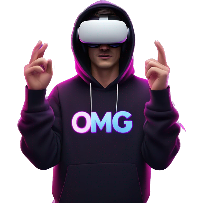 Russian man wearing a black hoodie with "OMG" letters on it and VR headset oculus quest 2 in a cyberpunk VR environment with violet neon lighting. Showing direction with hand emoji
