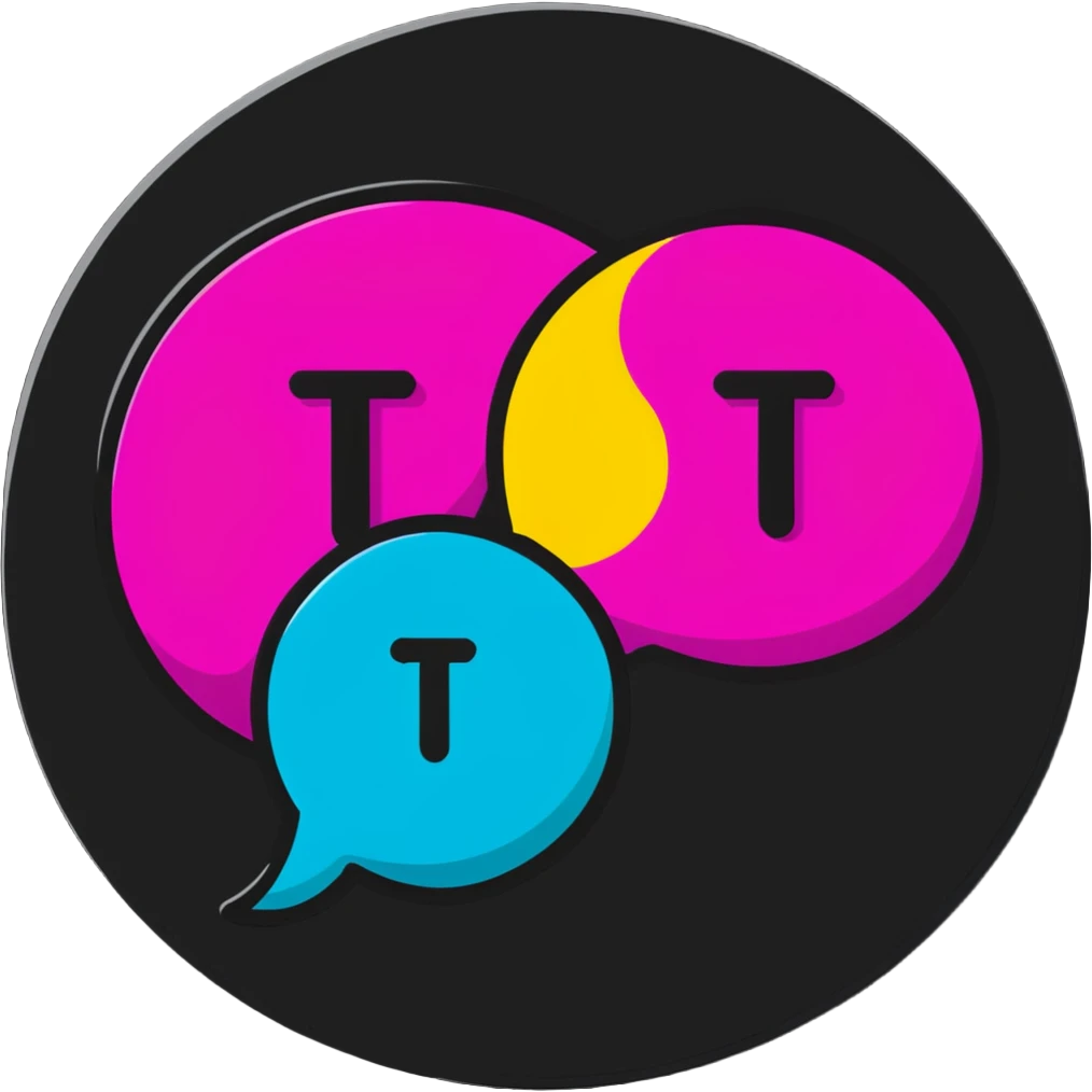 Minimalist sticker with white 'tt' letters on a black circle with cyan, magenta, and yellow dots below, speech bubble with street style influence emoji