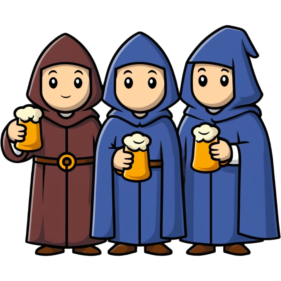 group of medieval pilgrims with cloaks and beer bottles emoji