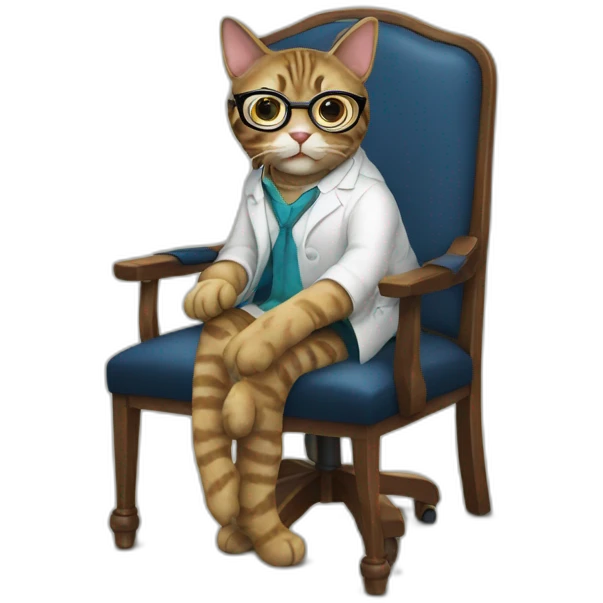 a cat phd in a chair by desk with glasses and dress emoji