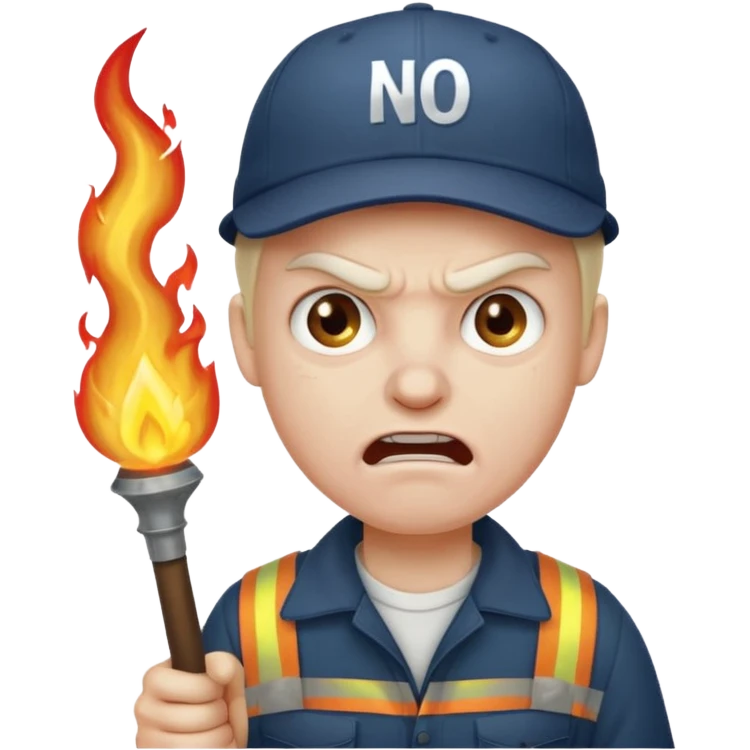 Angry man with a torch and a pitchfork and a cap that says "no blathy" emoji