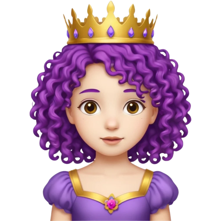 Princesses kid girl, with Gold Crown and flower on purple curly hair, with white dress emoji